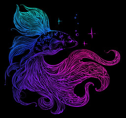 Magic elegant neon colorful fish with stars on black background. Art, illustration, drawing, doodle line, print, abstract sea animal.