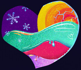 Colorful Heart with Winter and Sun Elements. Vibrant heart-shaped abstract illustration featuring a dynamic blend of seasons. 