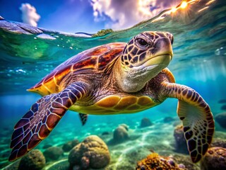 Fototapeta premium Vibrant Sea Turtle Gracefully Swimming Underwater, Colorful Shell Patterns