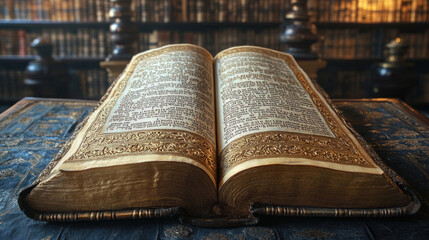 Obraz premium Torah scroll unrolled during a Jewish synagogue service, with soft lighting emphasizing its sacred text