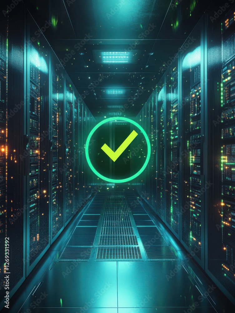 Poster secure digital data processing server room technology, with a green checkmark indicating successful 