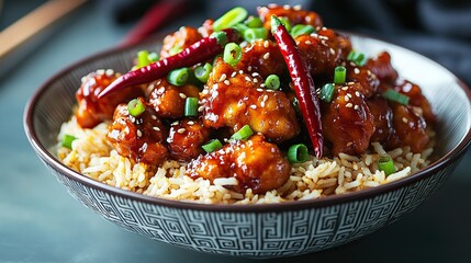 General Tso's Chicken served in a traditional Chinese bowl with a side of fried rice, garnished with sliced chili peppers and green onions