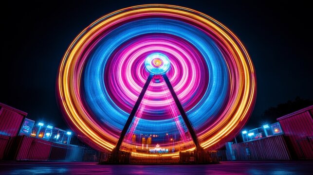 Ferris wheel light trails at night, amusement park