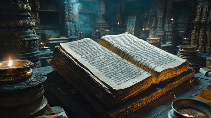 Vedas manuscripts displayed in an ancient library, with intricate scripts preserved under soft lighting