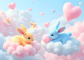 Pastel Bunnies Playing on Fluffy Clouds - 3D Fantasy Rendering