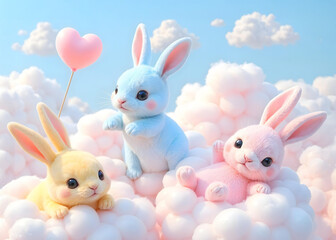 Obraz premium Pastel Bunnies Playing on Fluffy Clouds - 3D Fantasy Rendering