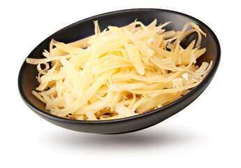 zest of cheese in black bowl isolated on white background. clipping path