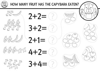 How many fruit black and white game with cute capybara. Capibara math addition activity for preschool children. Line printable counting worksheet, coloring page for kids with fruit peel