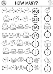 How many capybaras game, equation, rebus. Capibara black and white math activity for school children. Line printable counting worksheet, coloring page for kids with cute animal, tangerine