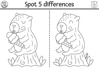 Find differences game for children. Capybara black and white educational activity with animal sitting on stump, eating ice-cream. Line puzzle for kids with capibara. Printable worksheet, coloring page