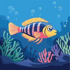 Naklejka premium A vibrant 2D vector of a fish swimming in a colorful coral reef.