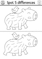 Find differences game for children. Capybara black and white educational activity with cute animal with bird on his back. Line puzzle for kids with capibara. Printable worksheet or coloring page
