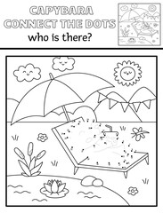 Vector capybara dot-to-dot and color activity with cute animal sunbathing, drinking lemonade, nature scene. Capibara black and white connect the dots game, coloring page for children