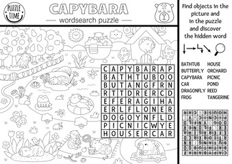 Vector capybara wordsearch puzzle for kids. Black and white word search quiz with summer nature landscape. Educational line activity with cute animals. Capibara cross word, coloring page
