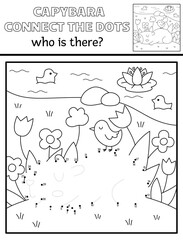 Vector line capybara dot-to-dot and color activity with cute animal sleeping among flowers, nature scene. Capibara black and white connect the dots game, coloring page for children