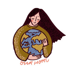 Earth day symbol. eco friendly lifestyle. millenial girl VOLUNTEER. Modern stylized flat picture.