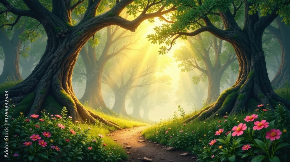 Aufkleber sunlit path through a mystical forest, where ancient trees frame a serene woodland trail, bathed in 