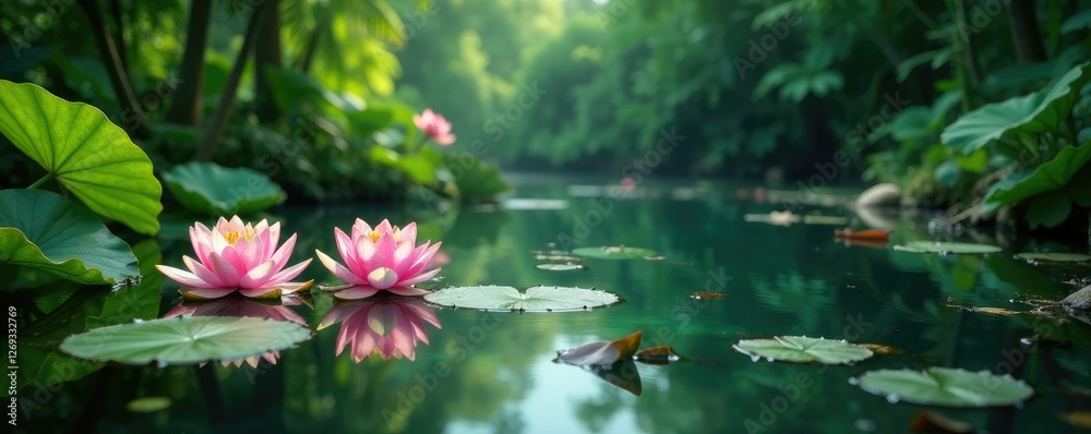 Sticker Tropical pool filled with lotus flowers and aquatic plants, peaceful, tropical garden, serene