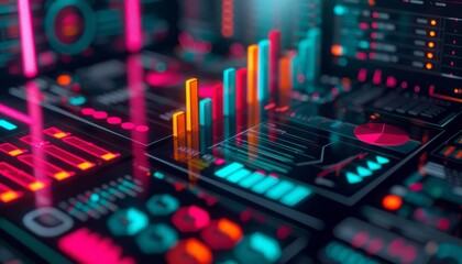 A vibrant, abstract representation of data visualization, featuring colorful graphs and metrics against a dark background, symbolizing technology and analytics.