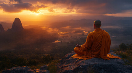 Buddhist monk meditating on a rocky outcrop overlooking a vast valley at sunrise