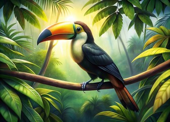 Obraz premium Vibrant Toucan Perched on Lush Amazon Rainforest Tree Branch - Aerial View