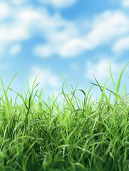 Fototapeta premium Green grass field with blue blurred sky on a background.