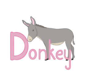 Isolated illustration of a cartoon donkey for kids alphabet with cute donkey. Letter D. Without background. 