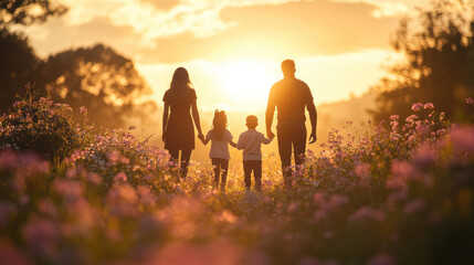 Christian family attending a sunrise Easter service in an outdoor setting, surrounded by blooming flowers