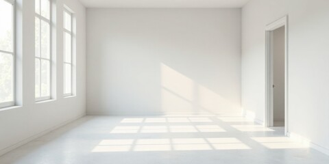 Fototapeta premium Sunlit Empty Room with White Walls and Windows Ideal for Interior Design Projects