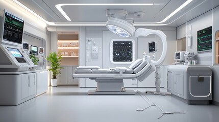 A modern, sterile hospital room featuring advanced medical equipment, a surgical table, and high-tech monitors in a bright, clean environment.