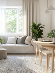 Real photo of dining table standing in bright living room interior with carpet, sofa with pillows, fresh plants and window with curtains