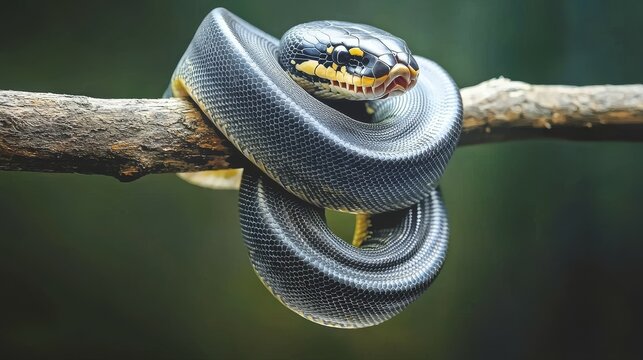 ball python conept. A coiled snake resting on a branch with a blurred green background.