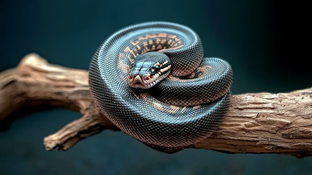 ball python conept. Coiled snake resting on a branch against a dark background.