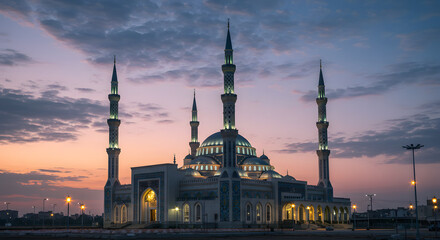 A beautifully decorated mosque during Ramadan its minarets reaching towards the sky
