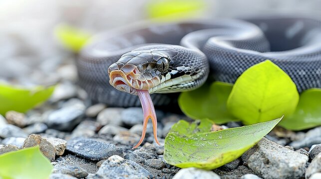 ball python conept. Black snake on rocky ground surrounded by green leaves, showcasing its tongue.