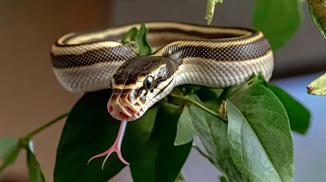 ball python conept. A ball python resting on green leaves with its tongue flicking out.