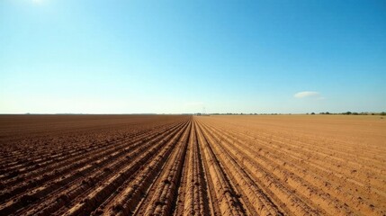Vast Expanse of Plowed Agricultural Land Under a Clear Sky, Ready for Planting Season