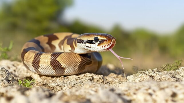 ball python conept. A colorful snake with distinctive markings resting on the ground in natural surroundings.