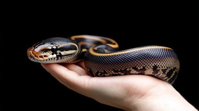 ball python conept. A person gently holds a large, colorful snake on their hand against a dark background.