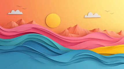 Set of colorful wall decorations. Retro hippie wall art. A surreal illustration of a landscape with abstract shapes and flowing lines, 