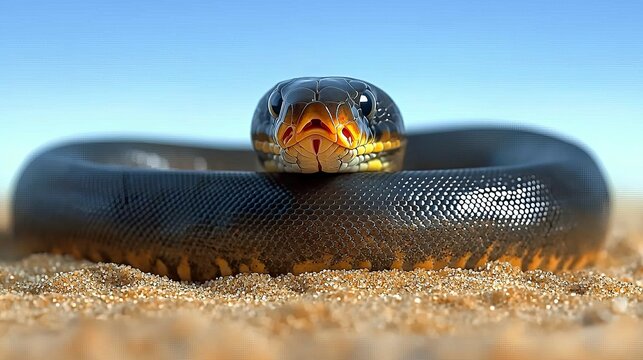 ball python conept. Large snake resting on sandy ground with a vibrant blue sky in the background.