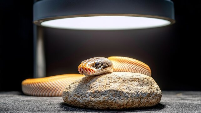 ball python conept. A snake resting on a rock under a lamp, showcasing its vibrant colors and texture.