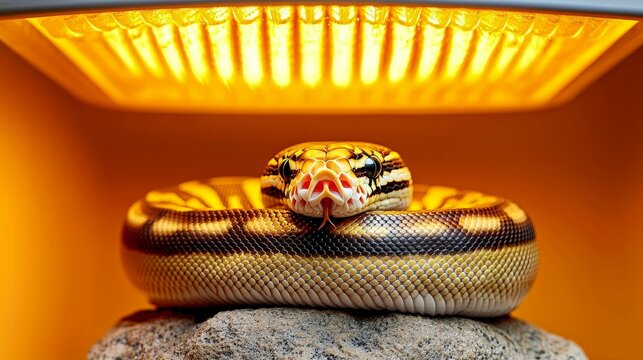 ball python conept. A resting ball python under a warm light, coiled on a rock.