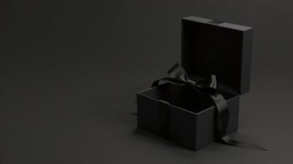 An empty black gift box with a satin ribbon, awaiting a special surprise