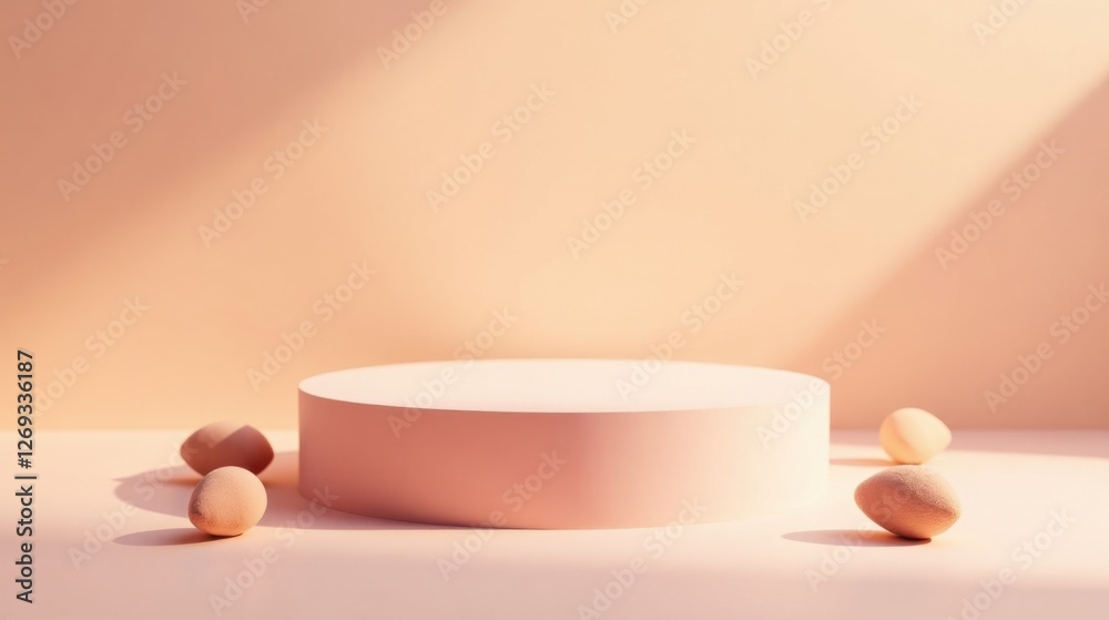 Poster Pastel-toned product display featuring a minimalist cylindrical platform and soft, rounded objects bathed in warm sunlight.