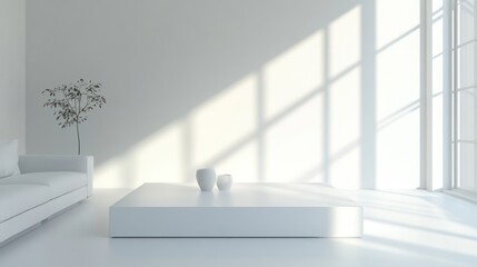 Minimalist white living room, sunlight, sofa, coffee table, interior design