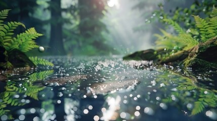 Reflections on a Rainy Day, Tranquil Forest Scene with Water Droplets