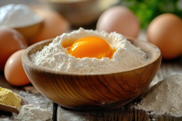 Flour, egg yolks, and baking supplies close-up