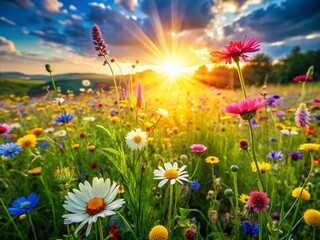 Fototapeta premium Vibrant Wildflowers in Lush Green Grass - High-Resolution 8K Stock Photo