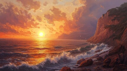 Obraz premium Coastal Serenity, Majestic Cliffs and Ocean Waves at Sunset Radiance